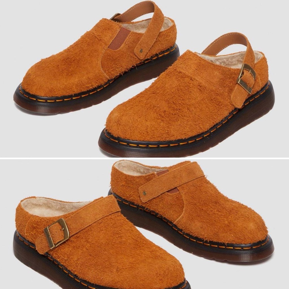 NEW Men DR MARTENS Isham faux shearling lined pecan brown suede slingback mules